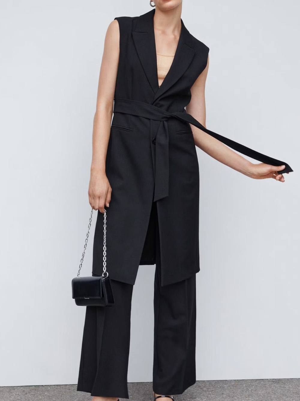 Mango Black Sleeveless Belted Long Vest